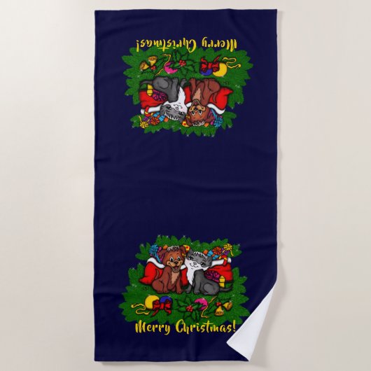 Serviette De Plage Kitty et chiot, Happy XMas (Devant)