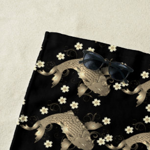 Serviette De Plage Koi poisson oriental noir et or floral élégant