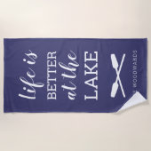 Serviette De Plage La vie est meilleure au lac Typographie bleu marin (Devant)