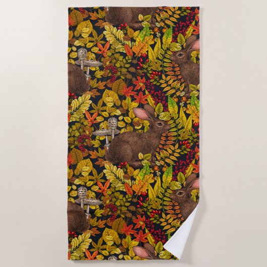 Serviette De Plage Lapin d'automne en noir (Devant)