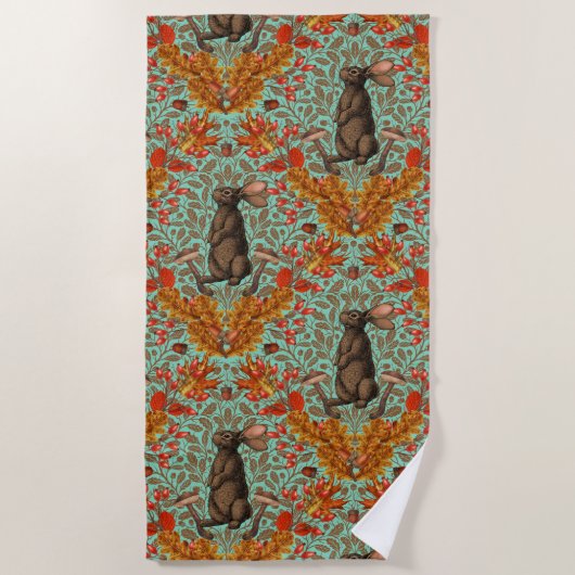 Serviette De Plage Lapin d'automne sur vert clair (Devant)