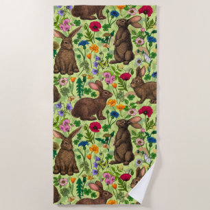 Serviette De Plage Lapins et fleurs sauvages sur le vert miel
