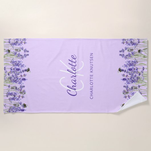 Serviette De Plage Lavande violet fleurs monogramme initiales (Devant)