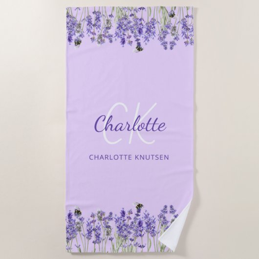 Serviette De Plage Lavande violet fleurs monogramme initiales (Devant)