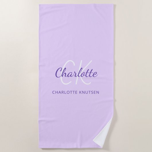 Serviette De Plage Lavender violet monogramme initiales nom script (Devant)