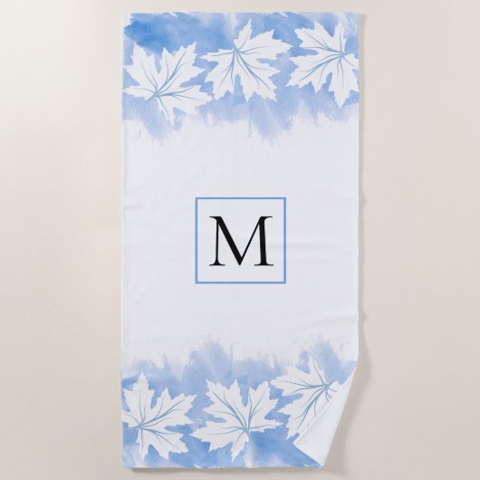 Serviette De Plage Laver et monogramme bleu feuille d'érable (Devant)