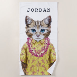 Serviette De Plage Le chat hawaïen de Kitty ajoutent votre nom