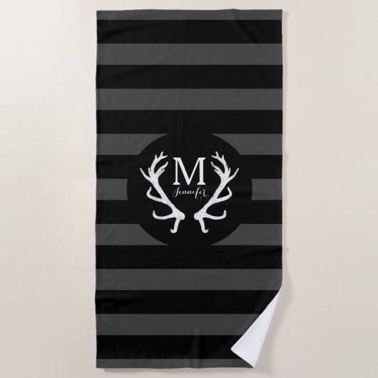 Serviette De Plage Le gris noir barre le monogramme rustique (Devant)