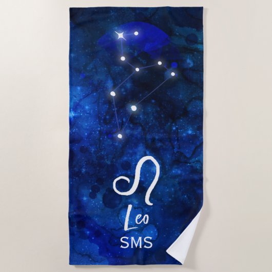 Serviette De Plage Leo Zodiac Constellation bleu foncé Galaxie Monogr (Devant)