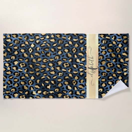Serviette De Plage Léopard Motif bleu or Monogramme (Devant)