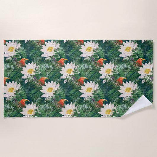 Serviette De Plage Les Blancs Lotus Tropical Birds & Lotus Motif (Devant)
