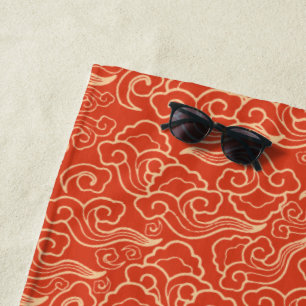 Serviette De Plage Les nuages japonais Vintages, l'orange corallien