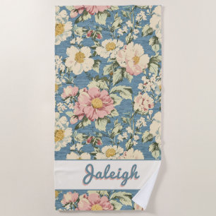 Serviette De Plage Lettres d'ombre florale rétro bleu Skyline