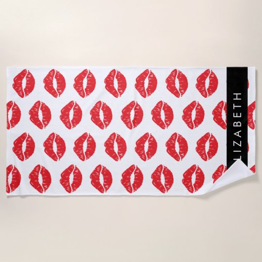 Serviette De Plage Lèvres Rouges, Rouge, Motif Des Lèvres, Votre Nom (Devant)