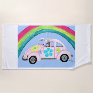 Serviette De Plage Lévrier sous un arc-en-ciel dans une voiture hippi