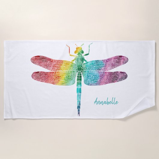 Serviette De Plage Libellule magnifique d'aquarelle d'arc-en-ciel (Devant)