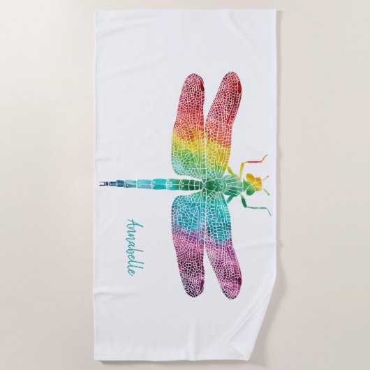 Serviette De Plage Libellule magnifique d'aquarelle d'arc-en-ciel (Devant)