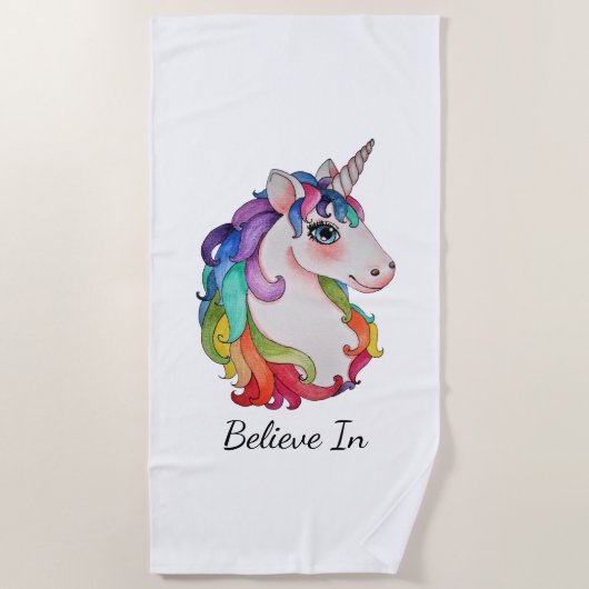 Serviette De Plage Licorne d'aquarelle avec des cheveux d'arc-en-ciel (Devant)