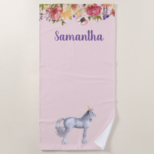 Serviette De Plage Licorne Fleur Nom Personnalisé