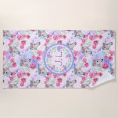 Serviette De Plage Licornes et roses monogrammées (Devant)