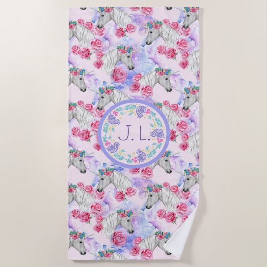 Serviette De Plage Licornes et roses monogrammées (Devant)