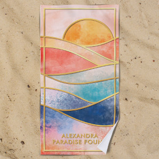 Serviette De Plage Ligne d'art doré Sunset côtier nom personnalisé