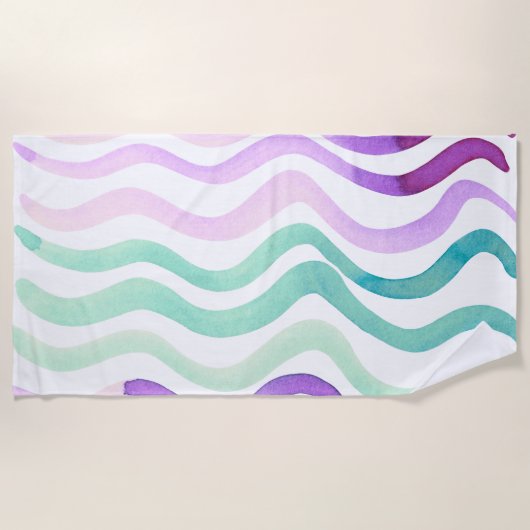 Serviette De Plage Lignes d'aquarelles violettes et vertes (Devant)