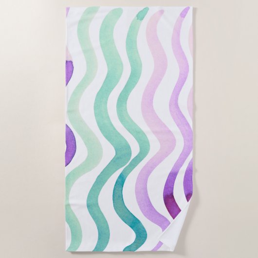 Serviette De Plage Lignes d'aquarelles violettes et vertes (Devant)