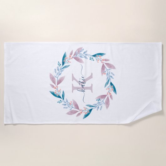 Serviette De Plage Lilac Aquarelle Florale Wreath Monogramme (Devant)