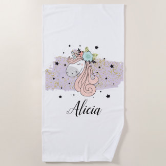 Serviette de plage lilas d'aquarelle de licorne