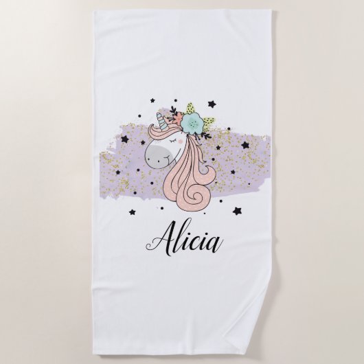 Serviette de plage lilas d'aquarelle de licorne (Devant)