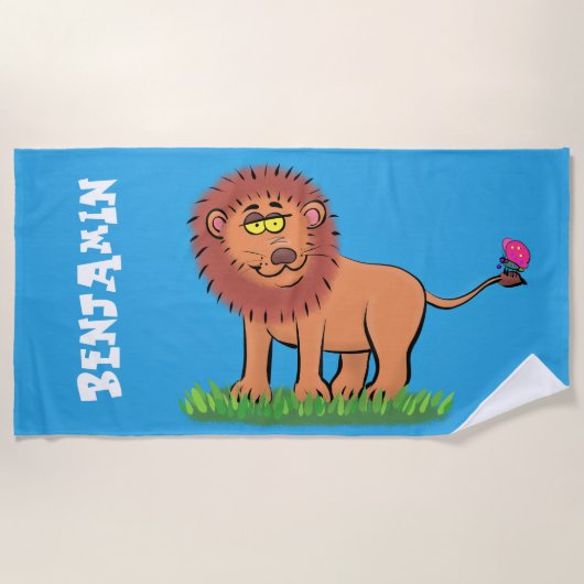 Serviette De Plage Lion heureux avec dessin animé papillon (Devant)