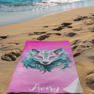 Serviette De Plage Loup mystique Elégant loup rose et turquoise