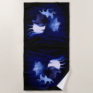 Serviette De Plage Loups et Raven avec la pleine lune