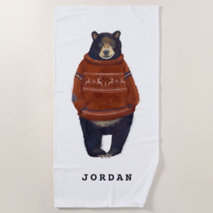 Serviette De Plage L'ours rouge de chandail de renne ajoutent votre