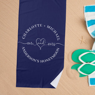 Serviette De Plage Lune de miel bleu marine blanc Mr. mrs jeunes mari