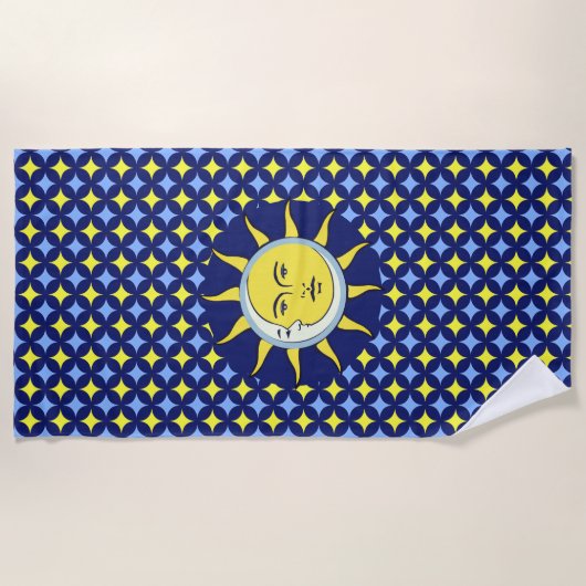 Serviette De Plage Lune et soleil sur Motif bleu et jaune étoile (Devant)