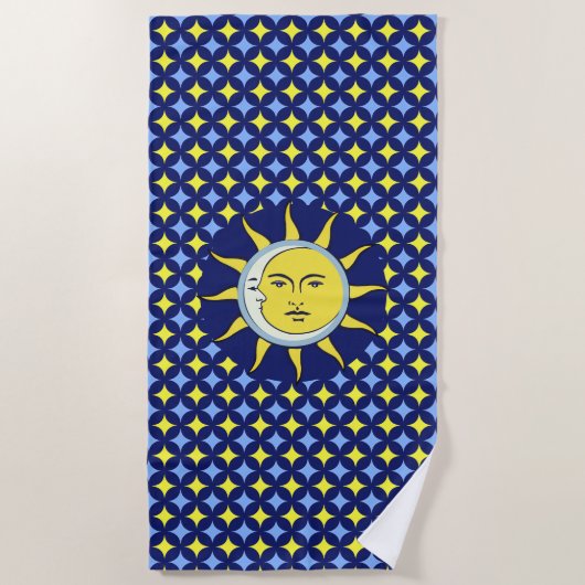 Serviette De Plage Lune et soleil sur Motif bleu et jaune étoile (Devant)
