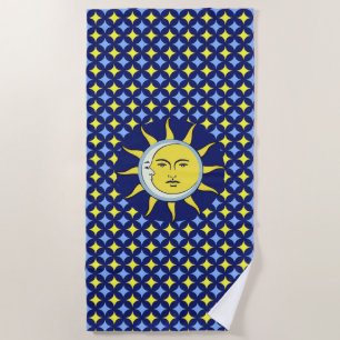 Serviette De Plage Lune et Soleil sur motif étoile bleu et jaune