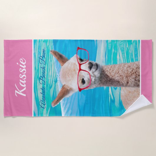 Serviette De Plage Lunettes rouges Cute Alpaca Personnalisez le messa (Devant)