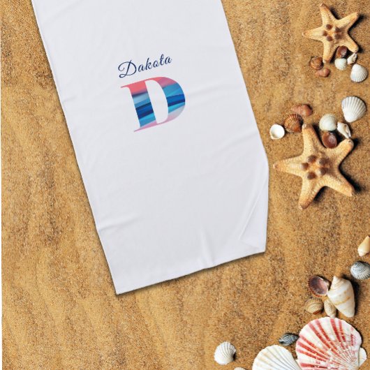 Serviette De Plage Luxe corail bleu doux nom initial D blanc