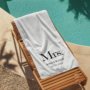 Serviette De Plage Luxe Elegance Noir et Blanc Mme et Mariage Date