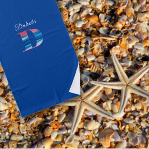 Serviette De Plage Luxe moderne corail bleu initiale nom D bleu