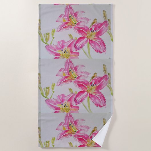 Serviette De Plage Lys Lily rose Aquarelle Peinture Florale (Devant)