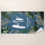 Serviette De Plage M. feuille tropicale & typographie bleu moderne (Devant)