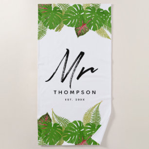 Serviette De Plage M. Feuilles Tropicales Modernes Minimaliste Script