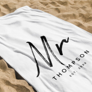 Serviette De Plage M. Moderne Écriture Minimaliste Noir et Blanc