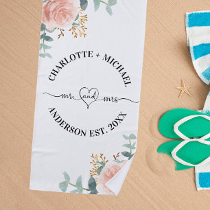 Serviette De Plage M. mrs jeunes mariés roses fleurons or verdure