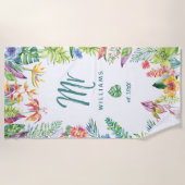 Serviette De Plage M. Typographie de script aquarelle florale tropica (Devant)
