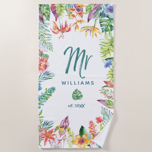 Serviette De Plage M. Typographie de script aquarelle florale tropica (Devant)
